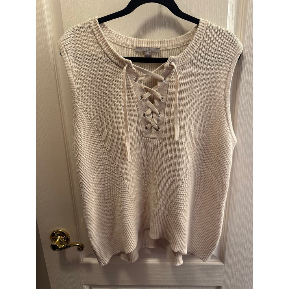 Cyrus Cream Knit Tank Top With Lace Up Neckline Detail Womans XL